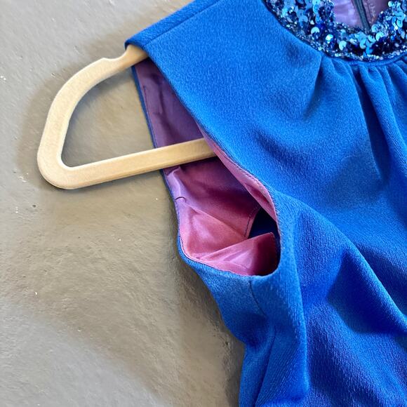 Vintage 70s Blue Maxi Dress Fitted Sleeveless Gown Dress Small Sequin Trim - Picture 6 of 11